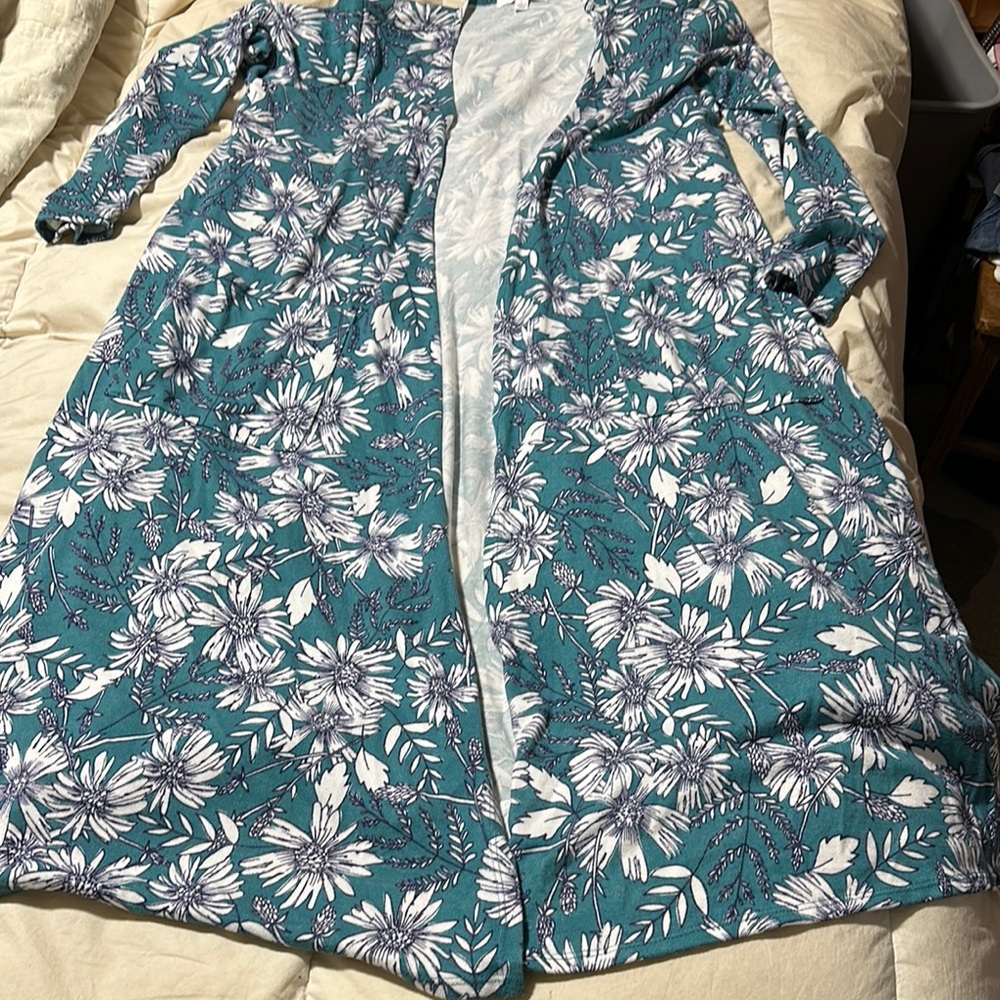 Floral Teal and White Long Cardigan